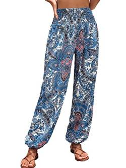 GORGLITTER Damen Hippie Haremshose Capri Thai Hose Leichte Dünn Boho Ethno Blumenmuster Muster Strand Sommerhose Yogahosen Blau und Rosa L von GORGLITTER