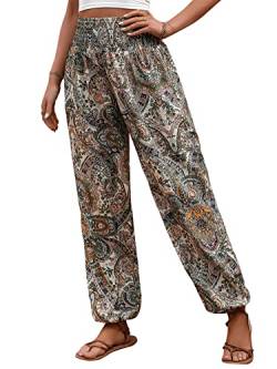 GORGLITTER Damen Hippie Haremshose Capri Thai Hose Leichte Dünn Boho Ethno Blumenmuster Muster Strand Sommerhose Yogahosen Dunkelgrün und Korallenrosa M von GORGLITTER