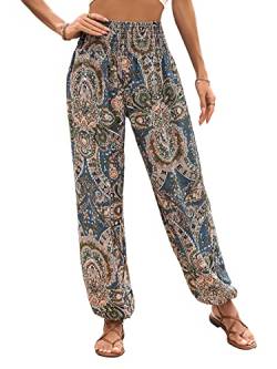 GORGLITTER Damen Hippie Haremshose Capri Thai Hose Leichte Dünn Boho Ethno Blumenmuster Muster Strand Sommerhose Yogahosen Graublau L von GORGLITTER