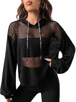 GORGLITTER Damen Hoodie Pullover Durchsichtig Fischnetz Kapuzenpullover Langarm Sweatshirt mit Kapuzen Schwarz S von GORGLITTER