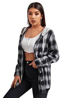 GORGLITTER Damen Kariertes Hemd Blusen mit Kapuze Karo Muster Overshirt Plaid Boyfriend Hemdbluse Karohemd Button-down Langarm Blusenshirt Schwarz und Weiß M von GORGLITTER