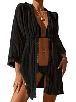 GORGLITTER Damen Kimono Strand Cardigan Strandkleid Loose Kurz Boho Bikini Cover Up Oversized Mode Leichte Beachwear Strandponcho mit Spitzen Schwarz M von GORGLITTER