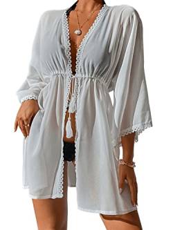 GORGLITTER Damen Kimono Strand Cardigan Strandkleid Loose Kurz Boho Bikini Cover Up Oversized Mode Leichte Beachwear Strandponcho mit Spitzen Weiß M von GORGLITTER