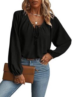 GORGLITTER Damen Lässig Bluse Locker Langarmshirt V Ausschnitt Oberteile Hemdblusen mit Laternenärmeln Schwarz M von GORGLITTER