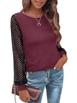 GORGLITTER Damen Langarm T-Shirt mit Spitzen Ärmeln Oberteile Elegant Tops Blusen Langarmshirts Frühling Casualshirt Rotviolett XS von GORGLITTER