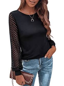 GORGLITTER Damen Langarm T-Shirt mit Spitzen Ärmeln Oberteile Elegant Tops Blusen Langarmshirts Frühling Casualshirt Schwarz S von GORGLITTER