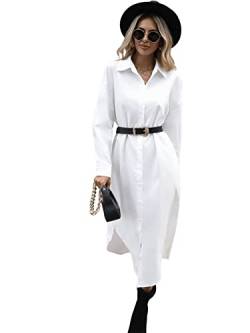GORGLITTER Damen Lange Hemdkleid Langarm Tunikakleid Button Down Blusenkleid Elegant Freizeitkleid ohne Gürtel Weiß L von GORGLITTER