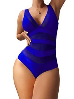GORGLITTER Damen Mesh Badeanzug V-Ausschnitt One Piece Swimwear Träger Einteilige Bademode mit Kontrast Netzstoff Königsblau S von GORGLITTER