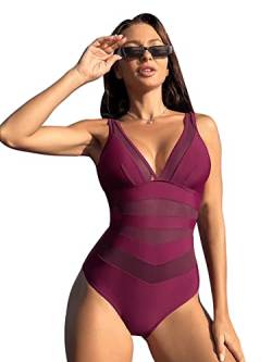 GORGLITTER Damen Mesh Badeanzug V-Ausschnitt One Piece Swimwear Träger Einteilige Bademode mit Kontrast Netzstoff Maroon L von GORGLITTER