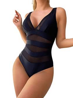 GORGLITTER Damen Mesh Badeanzug V-Ausschnitt One Piece Swimwear Träger Einteilige Bademode mit Kontrast Netzstoff Schwarz L von GORGLITTER