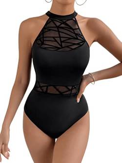 GORGLITTER Damen Mesh Body Neckholder Body Sexy Body Top Schwarz Netzstoff Bodysuit Sommerbody Damenbody Ärmellos Schwarz XS von GORGLITTER