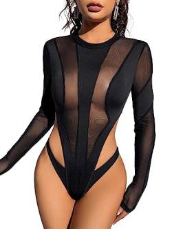 GORGLITTER Damen Mesh Bodysuits Langarm Stretchy Bodies Transparenter Netz Bodys Cut Outs Hohe Taile Body Schwarz M von GORGLITTER