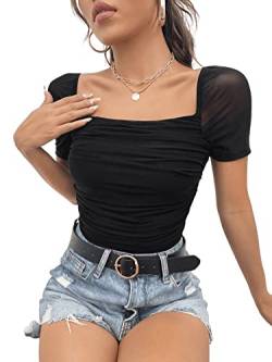 GORGLITTER Damen Mesh T-Shirt mit Rüschen Durchsichtiges Kurzarmshirt Elegant Oberteile Schwarz XL von GORGLITTER