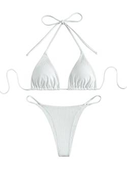 GORGLITTER Damen Neckholder Bikini Sets Triangle-Bikinioberteil High Waist Tangas Bademode Zweiteiliger Badeanzug mit Schnürung am Rücken Weiß XS von GORGLITTER