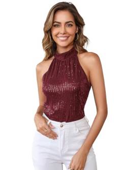 GORGLITTER Damen Neckholder Tops Bluse Stehkragen Party Oberteil Ärmellos Top mit Pailletten Bordeaux S von GORGLITTER