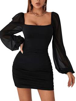 GORGLITTER Damen Netz Ärmel Kleider Bodycon Bleistiftkleid Minikleid Mesh Partykleid Figurbetont Langarmkleid Schwarz XS von GORGLITTER