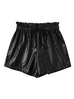 GORGLITTER Damen PU Leder Shorts Hohe Taille Kunstlederhose Klassic PU-Shorts Kurz Hose für Oufit mit Kordelzug und Papiertaschen Schwarz XS von GORGLITTER