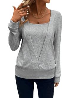 GORGLITTER Damen Pullover Eckiger Ausschnitt Oberteil Lässig Langarmshirts Locker Sweatshirt Hellgrau S von GORGLITTER