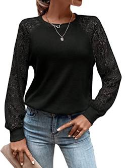 GORGLITTER Damen Pullover mit Spitzen Rundhals Oberteile Langarm Herbstshirt Casual Tops Pulli mit Raglanärmeln Schwarz L von GORGLITTER