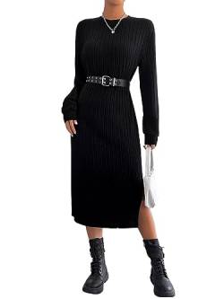 GORGLITTER Damen Pulloverkleid Rundkragen Midikleid Langarm Winterkleid Elegant Strickkleid mit Schlitz Schwarz M von GORGLITTER