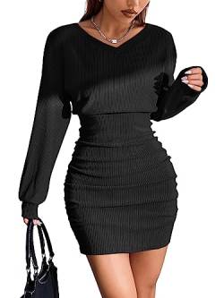 GORGLITTER Damen Pulloverkleid V-Ausschnitt Bodycon Minikleid Drop Shoulder Hohe Taille Winterkleid Figurbetontes Strickkleid Schwarz L von GORGLITTER