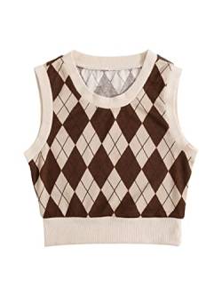 GORGLITTER Damen Pullunder Knit Top Crop Strickweste V-Ausschnitt Vintage Preppy Stil Strickpullover Casual Stricktop Braun L von GORGLITTER