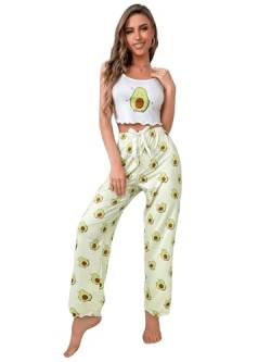 GORGLITTER Damen Pyjama Set Cami Top und Lange Schlafhose Sets Schlafanzug Zweiteiliger mit Schlaftop Hose Hausanzug Set mit Avocado Muster Weiß M von GORGLITTER