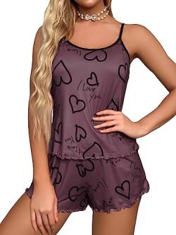 GORGLITTER Damen Pyjama Set Cami Top und Shorts mit Wellensaum Pyjama Sets Zweiteiliger Schlafanzug Schriftzug mit Herz Muster Mauve Lila L von GORGLITTER