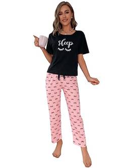 GORGLITTER Damen Pyjama Set Kurzarm Top und Lange Schlafhose Sets Schlafshirt Zweiteiliger Schlafanzug Hausanzug Schwarz und Rosa M von GORGLITTER