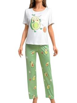 GORGLITTER Damen Pyjama Set Kurzarm Top und Lange Schlafhose Sets Schlafshirt Zweiteiliger Schlafanzug Hausanzug mit Avocado Muster Minzgrün M von GORGLITTER
