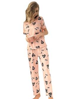 GORGLITTER Damen Pyjama Set Kurzarm Top und Lange Schlafhose Sets Schlafshirt Zweiteiliger Schlafanzug Hausanzug mit Avocado Muster Rosa L von GORGLITTER