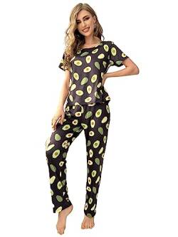 GORGLITTER Damen Pyjama Set Kurzarm Top und Lange Schlafhose Sets Schlafshirt Zweiteiliger Schlafanzug Hausanzug mit Avocado Muster Schwarz M von GORGLITTER