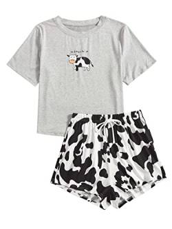 GORGLITTER Damen Pyjama Set Kurzarm Top und Sommer Short Hose Zweiteiliger Schlafanzug Grau und Schwarz und Weiß XS von GORGLITTER