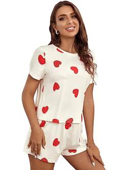 GORGLITTER Damen Pyjama Set Kurzarmshirt und Short Sets Schlafanzug Pyjama mit Herzen Muster Beige XL von GORGLITTER