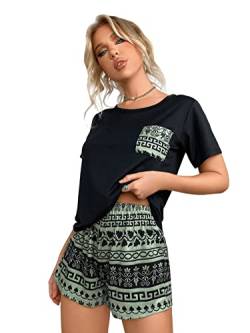 GORGLITTER Damen Pyjama Set Rundhals Kurzarmshirt und Shorts Sets 2-teiliges Set Schlafanzug mit Grafik Muster Schwarz und Grün XL von GORGLITTER