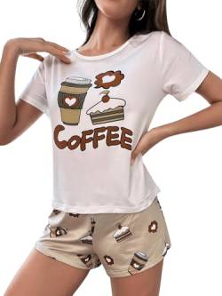 GORGLITTER Damen Pyjama Sets Kurzarm Tops und Shorts mit Cartoon Süße Zweiteilliger Schlafanzug Sleepwear Hausanzug Short Sets Weiß und Khaki M von GORGLITTER