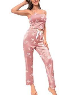 GORGLITTER Damen Pyjama Sets Spaghettiträger Shirt Hosensets Schlafanzüge Lässig Hauseanzug mit Wellensaum Grau-Rosa S von GORGLITTER