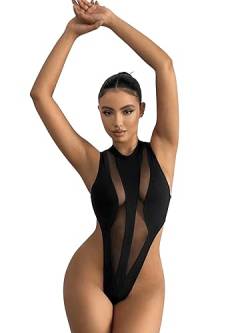 GORGLITTER Damen Rundhals Body Mesh Bodysuit Ohne Ärmel Tank Bodies Cut Outs Oberteil Overall mit Netzstoff Schwarz M von GORGLITTER