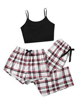 GORGLITTER Damen Schlafanzug 3er Set Cami Plaid Pajamas Nachtwäsche Schlafhose Kariert Hausanzug Weiß S von GORGLITTER