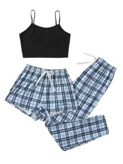 GORGLITTER Damen Schlafanzug 3er Set Cami Schlafanzug Plaid Pajamas Set Nachtwäsche Schlafhose Kariert Schlafanzüge Hausanzug Schwarz und Blau M von GORGLITTER