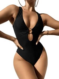 GORGLITTER Damen Schwimmanzug Cut-Out One Piece Swimwear Bügellos Träger Einteilige Bademode Badeanzug mit Ring Schwarz M von GORGLITTER