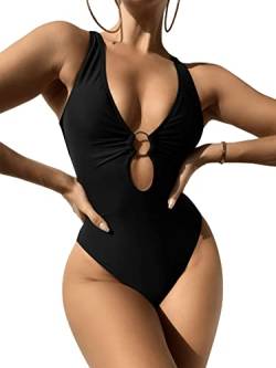 GORGLITTER Damen Schwimmanzug Cut-Out One Piece Swimwear Bügellos Träger Einteilige Bademode Badeanzug mit Ring Schwarz S von GORGLITTER