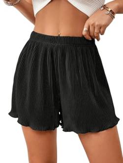 GORGLITTER Damen Shorts Kurz Hose Sommer Short Breite Bein Bermuda Casualshort mit Wellensaum Schwarz M von GORGLITTER