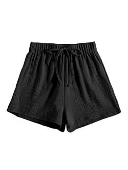 GORGLITTER Damen Shorts Weitem Bein elastischer Taille Kurze Hosen Sommerhose locker Short mit Knoten Schwarz M von GORGLITTER