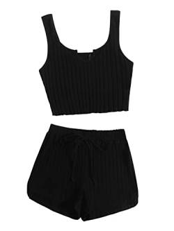 GORGLITTER Damen Shorts und Tank Top Sets 2-Teiler Träger Bauchfrei Tops Camisole Kurze Hose Hauseanzug Kombi Home Set mit Knoten Schwarz L von GORGLITTER