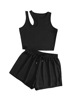 GORGLITTER Damen Shorts und Top Sets 2 Piece Cut Outs Träger Bauchfrei Tops Camisole Kurze Hose Hauseanzug Kombi 2-Teiler Home Set Schwarz S von GORGLITTER