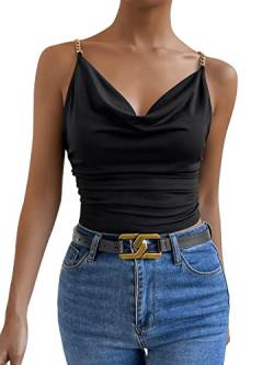 GORGLITTER Damen Spaghettiträger Crop Tops Camisole Wasserfallausschnitt Bauchfrei Oberteile Cami Top mit Ketten Schwarz M von GORGLITTER