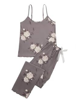 GORGLITTER Damen Spaghettiträger Pyjama Sets mit Blumen Cami Shirt Hosensets Schlafanzüge Hauseanzug mit Wellensaum Grau M von GORGLITTER