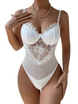 GORGLITTER Damen Spitze Bodysuit Transparenter Netz Spaghettiträger Body V-Ausschnitt Bodys Spitzetop Weiß L von GORGLITTER