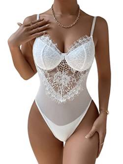 GORGLITTER Damen Spitze Bodysuit Transparenter Netz Spaghettiträger Body V-Ausschnitt Bodys Spitzetop Weiß XS von GORGLITTER